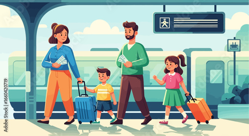 Vector illustration of a family with luggage and tickets at a train station, symbolizing travel, vacation, family trip, and modern transportation