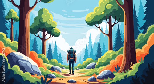 Vector illustration of a male hiker walking along a scenic forest trail with a backpack, symbolizing outdoor adventure, travel, exploration, and a healthy lifestyle in nature