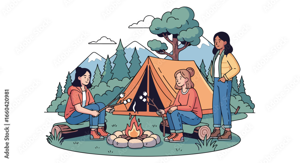 Obraz premium Vector illustration of friends camping in the forest, sitting around a campfire roasting marshmallows with a tent and mountains in the background, symbolizing outdoor adventure, travel, and relaxation