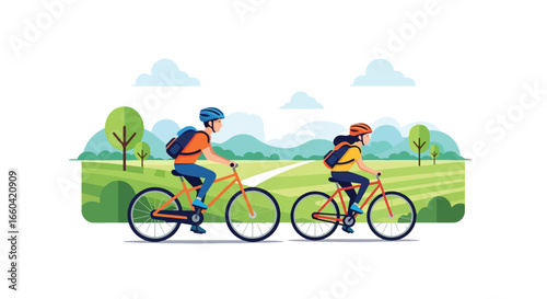 Vector illustration of a group of cyclists riding through scenic countryside with mountains and fields, symbolizing outdoor adventure, fitness, eco-friendly travel, and healthy lifestyle