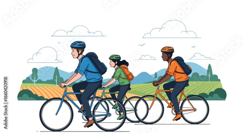 Vector illustration of a group of cyclists riding through scenic countryside with mountains and fields, symbolizing outdoor adventure, fitness, eco-friendly travel, and healthy lifestyle