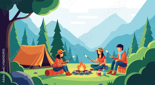 Vector illustration of friends camping in the forest, sitting around a campfire roasting marshmallows with a tent and mountains in the background, symbolizing outdoor adventure, travel, and relaxation