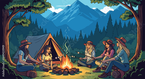 Vector illustration of friends camping in the forest, sitting around a campfire roasting marshmallows with a tent and mountains in the background, symbolizing outdoor adventure, travel, and relaxation