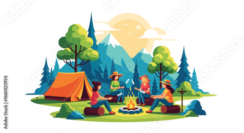 Vector illustration of friends camping in the forest, sitting around a campfire roasting marshmallows with a tent and mountains in the background, symbolizing outdoor adventure, travel, and relaxation