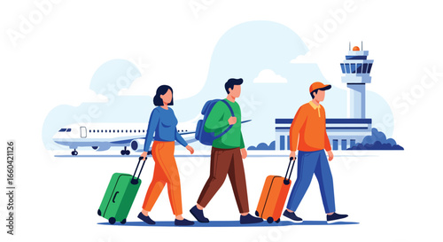 Vector illustration of travelers with luggage walking at an airport with airplanes and control tower in the background, symbolizing global travel, tourism, business trips, and vacations