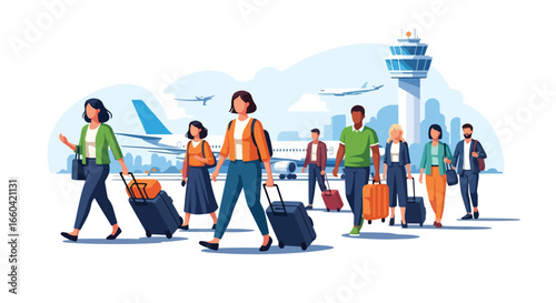Vector illustration of travelers with luggage walking at an airport with airplanes and control tower in the background, symbolizing global travel, tourism, business trips, and vacations