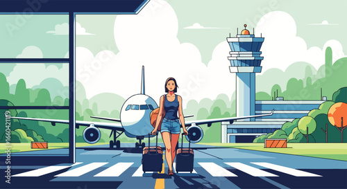 Vector illustration of a stylish traveler walking with luggage at the airport, with an airplane and control tower in the background, symbolizing vacation, tourism, and global travel