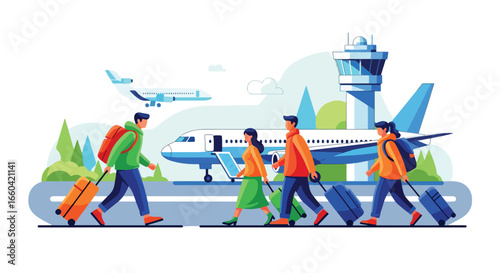 Vector illustration of travelers with luggage walking at an airport with airplanes and control tower in the background, symbolizing global travel, tourism, business trips, and vacations