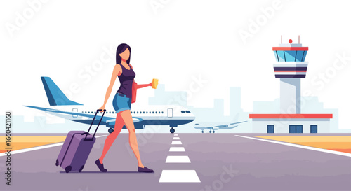 Vector illustration of a stylish traveler walking with luggage at the airport, with an airplane and control tower in the background, symbolizing vacation, tourism, and global travel