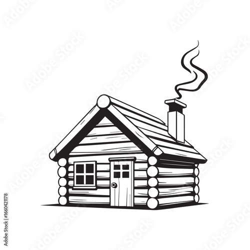 Vector art of a charming log cabin with a smoking chimney, isolated on a, representing a cozy and rustic dwelling in nature
