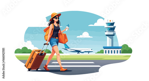 Vector illustration of a stylish traveler walking with luggage at the airport, with an airplane and control tower in the background, symbolizing vacation, tourism, and global travel
