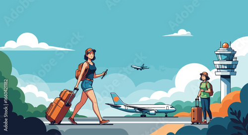 Vector illustration of a stylish traveler walking with luggage at the airport, with an airplane and control tower in the background, symbolizing vacation, tourism, and global travel