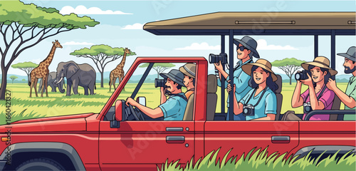 Vector illustration of tourists on an African safari in a jeep, observing elephants and giraffes in the savanna, symbolizing adventure travel, wildlife exploration, and ecotourism