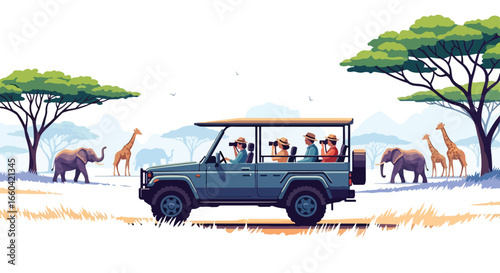 Vector illustration of tourists on an African safari in a jeep, observing elephants and giraffes in the savanna, symbolizing adventure travel, wildlife exploration, and ecotourism