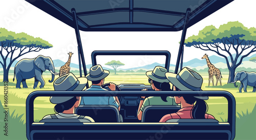 Vector illustration of tourists on an African safari in a jeep, observing elephants and giraffes in the savanna, symbolizing adventure travel, wildlife exploration, and ecotourism