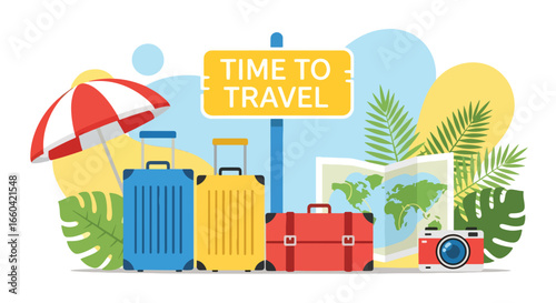 illustration of travel essentials with suitcases, map, airplane, umbrella, and camera under a "Time to Travel" sign, emphasizing vacation, adventure, and tourism themes