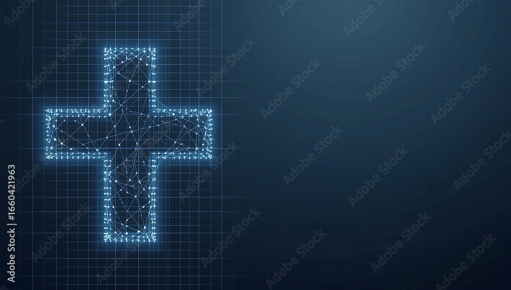 Fototapeta premium Digital Plus Sign Symbol on a Blue Background Represents Connection Addition Healthcare and Technology Advancements