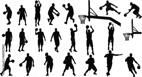 Basketball player silhouette, dribbling, shooting, passing, dunking, slam dunk, basketball hoop, court action, sports training, athletic movement, game technique
