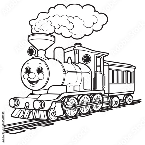 Vector art of a cute cartoon steam train engine with a smiling face, puffing smoke, on railroad tracks, perfect for childrens coloring books and educational content about transportation and adventure