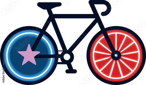 Bicycle Icon with Retro Red and Blue Wheels and Star Decoration.