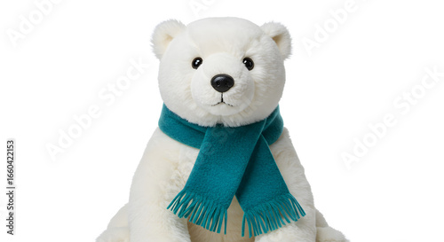 Cuddly polar bear plush toy wearing a teal scarf ready for winter season greetings