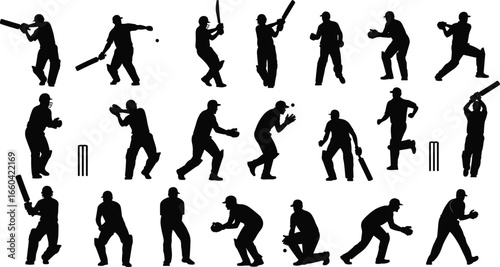 Cricket player silhouette, batting pose, bowling action, fielding stance, wicket keeping, sports discipline, match play, athletic movement, team sport, game technique