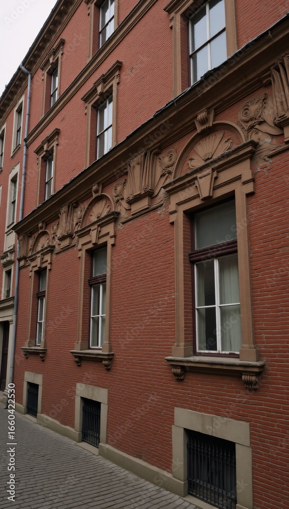 Naklejka premium Cracked and weathered historic building facade with signs of decay showcasing red bricks in an aged urban architectural scene