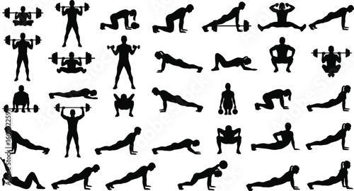 Fitness exercise silhouette, workout pose, strength training, cardio routine, gym activity, healthy lifestyle, body movement, athletic performance, sport, physical activity