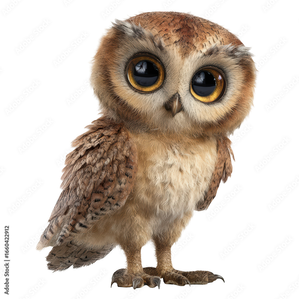 Fototapeta premium Adorable, fluffy brown owl with big, expressive eyes, looking directly at the viewer