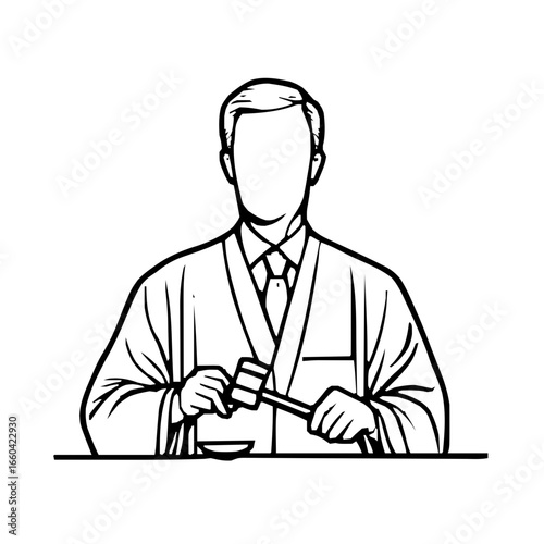 Refined Sleek Judge Iconography in Line Vector Style Emphasizing Courtroom Justice, Gavel, and Scales