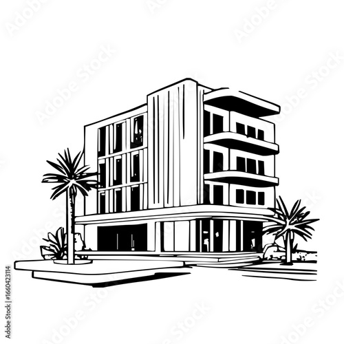 Artistic Hotel Illustration in Minimalistic Line Vector Style with Geometric and Abstract Modern Design Elements