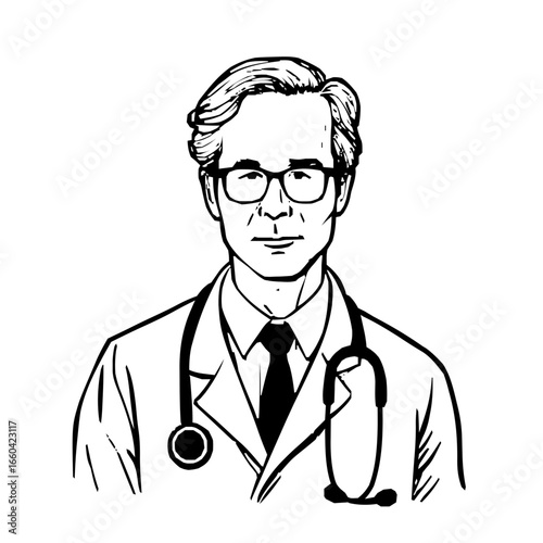 Detailed minimalistic vector icon illustration of a doctor with modern clean line art style and subtle monochrome accents