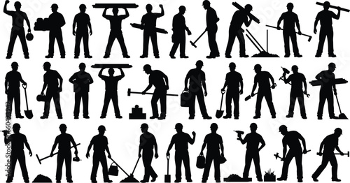 Silhouettes of construction workers in various tasks, carrying tools, lifting materials, digging, hammering, power tool use, industrial labor