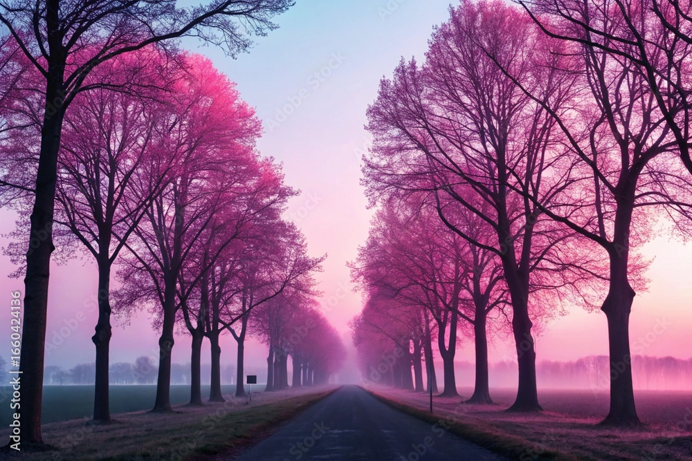 Obraz premium Surreal dreamlike landscape path lined with pink and purple trees at sunrise or sunset