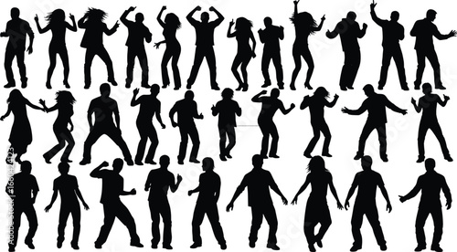 Silhouettes of dancers in various poses, energetic movements, raised arms, dynamic stances, expressive choreography, performing arts, dance styles, creative motion