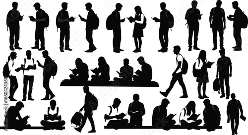 Silhouettes of diverse students walking, reading, studying, socializing, carrying backpacks, education lifestyle, youth culture, school activities, learning, academic environment