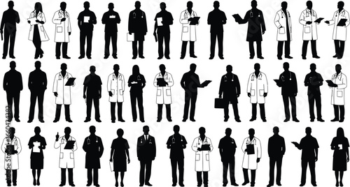 Silhouettes of diverse professionals including doctors, nurses, business and casual workers, various poses, occupational diversity, teamwork, workplace attire