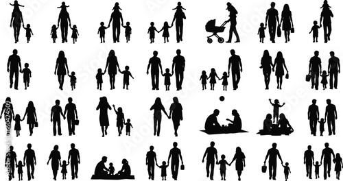 Silhouettes of families with children, walking, holding hands, pushing strollers, sitting together, parenting scenes, family interaction, lifestyle, everyday moments