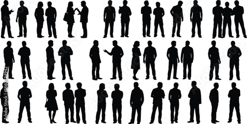Silhouettes of people in various standing, walking, talking poses, pairs and groups, human interaction, casual lifestyle, public space scenes