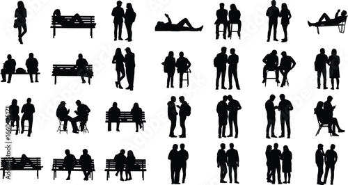 Silhouettes of people sitting, standing, walking, talking, interacting in pairs and groups, social scenes, casual lifestyle, public space activities