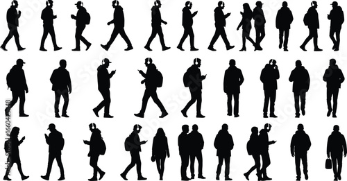 Silhouettes of people walking, standing, interacting, wearing headphones, carrying backpacks, phone use, everyday lifestyle, urban scene, modern culture