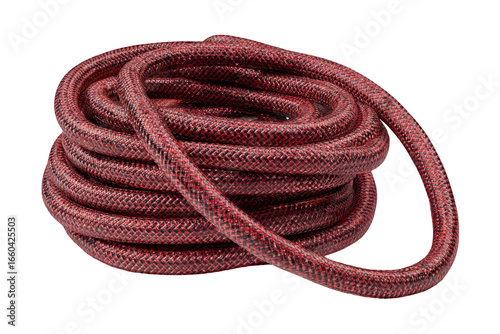 Tightly coiled red and black braided rope, perfect for various uses