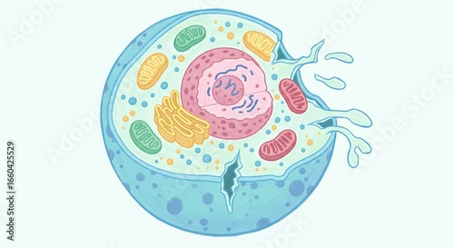 Detailed illustration of a eukaryotic animal cell undergoing lysis, showing damage and internal organelles bursting.