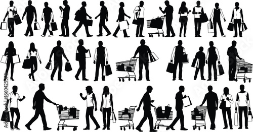 Silhouettes of shoppers carrying bags, pushing carts, walking, standing, interacting, retail lifestyle, consumer activity, mall scene, commerce, purchase behavior