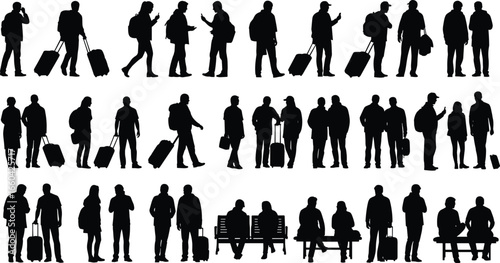Silhouettes of travelers with luggage, walking, standing, sitting, airport scenes, travel lifestyle, journey, transportation, vacation, trip activities