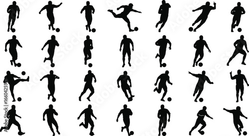 Soccer player silhouette, football action, ball control, dribbling skill, kicking pose, sports training, match play, athletic movement, team sport, game technique