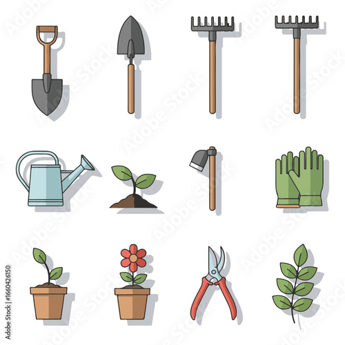 A collection of illustrated gardening tools and plants, arranged in a grid pattern, with a shadow effect.