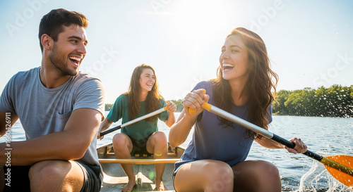 Group of Young Friends Laughing and Paddling Canoe on Summer Day