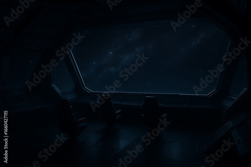 Fototapeta Naklejka Na Ścianę i Meble -  Dark futuristic spaceship interior window view cosmic galaxy night sky stars science fiction spacecraft cockpit observation deck cinematic space travel technology exploration interstellar universe sce