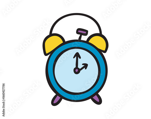 Classic alarm clock for early classes, colorful school doodle, hand drawn
